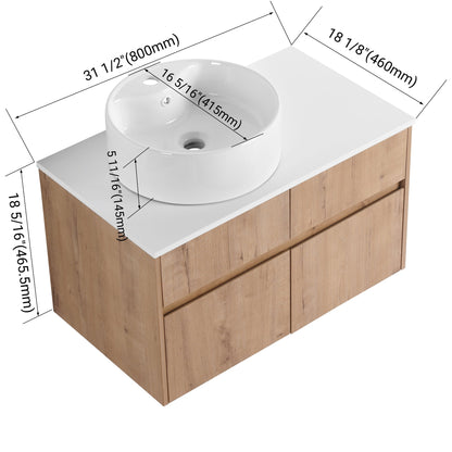 32(31-1/2") Inch Wall-Mounted Bathroom Vanity with Ceramic Art Sink and Countertop Flat Plate, 2-Soft Close Doors and 1-Drawer, KD-Packing, Plywood - BAB3098MOWH