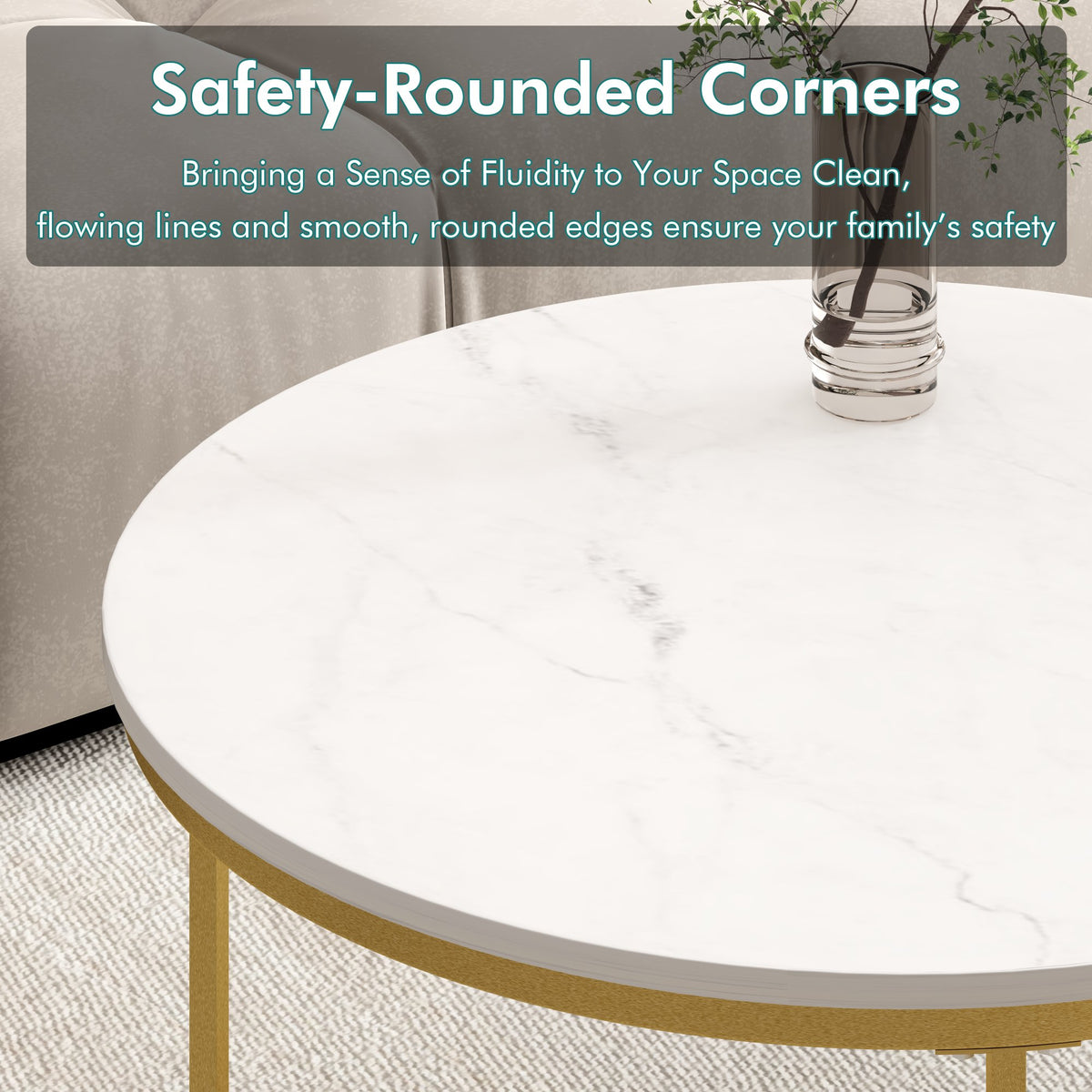 27.6in Nesting Coffee Table Set of 2, Round Coffee Table Wood Marble Pattern Top with Sturdy Metal Frame - White