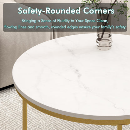 27.6in Nesting Coffee Table Set of 2, Round Coffee Table Wood Marble Pattern Top with Sturdy Metal Frame - White