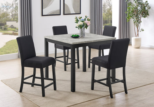 5pc Counter Height Dining Set Square Concrete Gray Color Table Black Fabric Upholstered Chairs Wooden Leg Dining Room Furniture