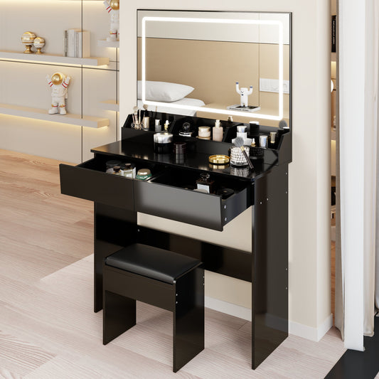 31" x 20" Extra Large LED Mirror Makeup Vanity Table + Soft Cushion Stool Suit, Touch Switch, 3 colors, Adjustable Brightness