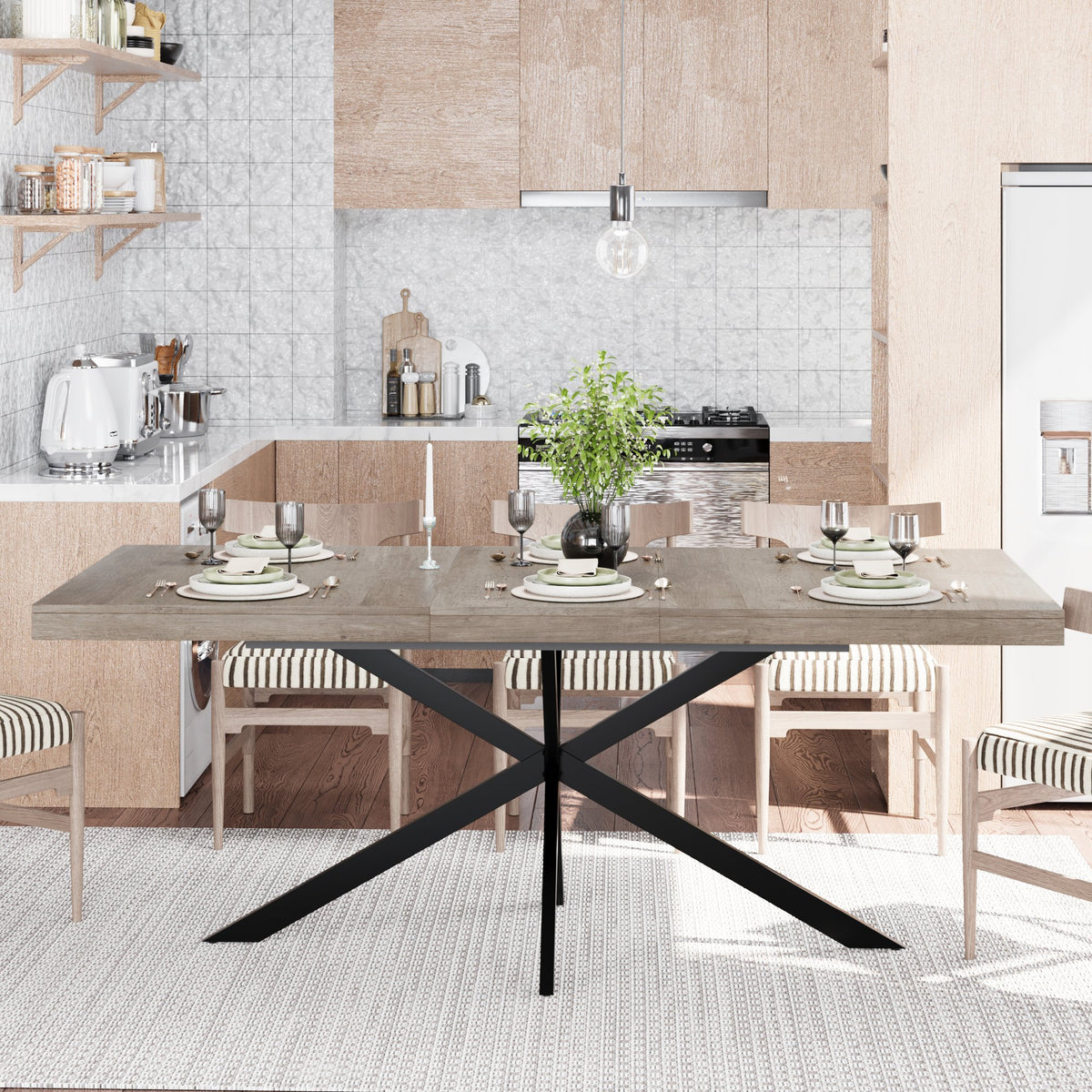 55.11'-70.86'Retro Rectangular Stretch Dining Table, Grey Carole Top With Same Color Embossed Center Plate, With Storage Box, kitchens