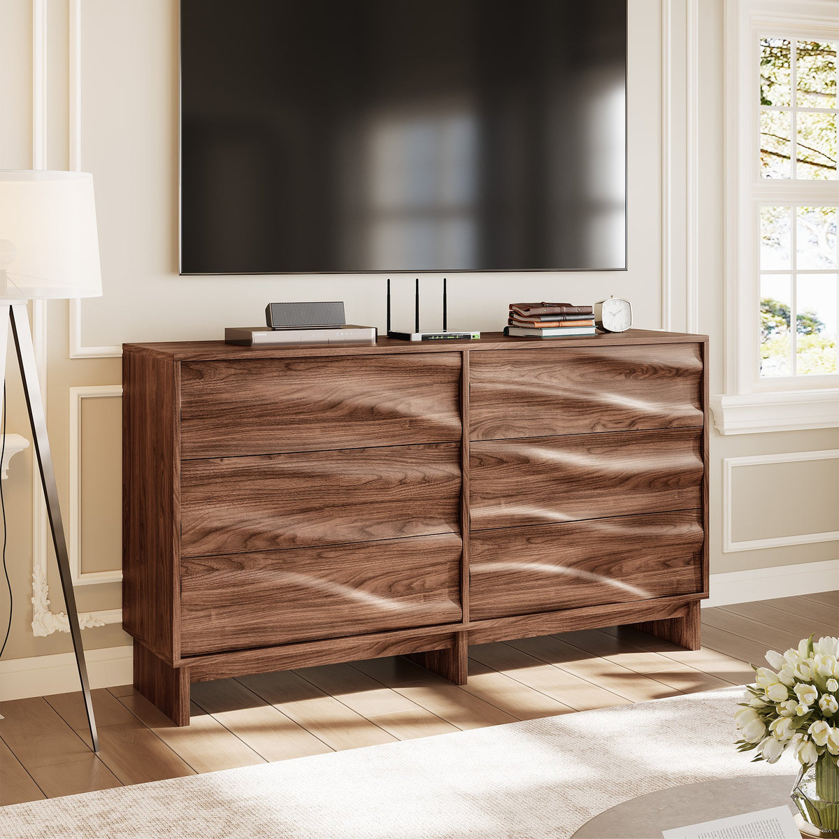 59.1" Buffet Sideboard with 6 Drawers, Walnut Finish with Wave Grain Texture, Farmhouse Storage Cabinet for Dining Room Living Room Hallway, Large Space Accent Furniture, Easy Assembly