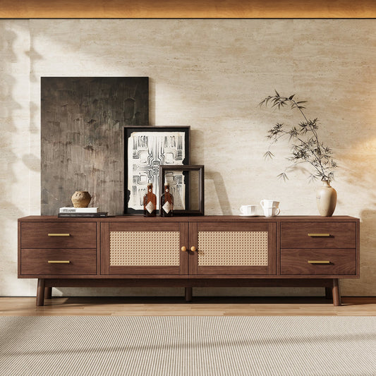 70inch Modern TV Stand with Rattan Doors for TVs up to 80in, Dark Brown Media Console with 4 Drawers & Cable Holes, Solid Wood Legs