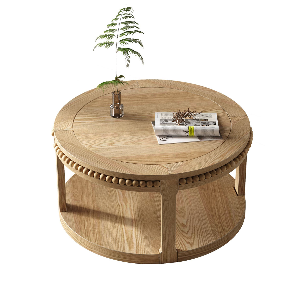 31.5 Inch Round Solid Wood Coffee Table & Sofa Table - Two-Tier Thickened Top, Sturdy Legs, Circle Table - Natural Wood