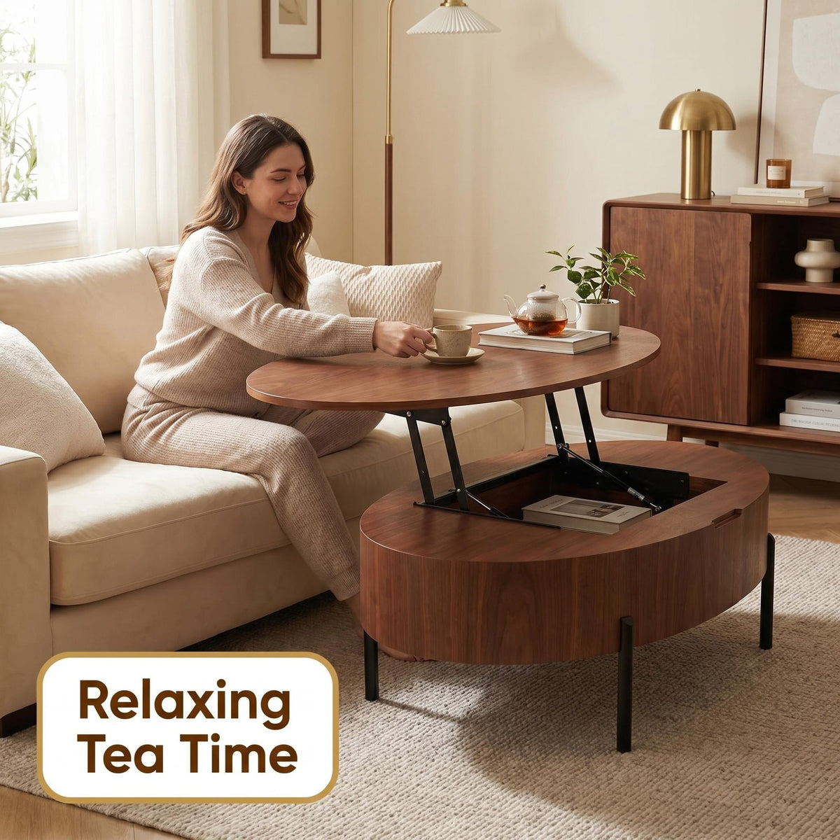 43.3-inch height-adjustable coffee table with solid wood veneer; modern-style coffee table with storage and adjustable height, suitable for living rooms, bedrooms, flats or offices; walnut colour