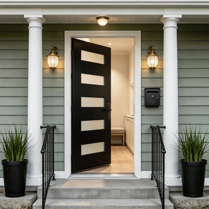 36"x80" Fiberglass Front Door with White 4-9/16" PVC Frame,Left-Hand Inswing Exterior Door with Brickmould,Contemporary minimalist brushed smooth skin with frosted glass for Home Entrance, Black