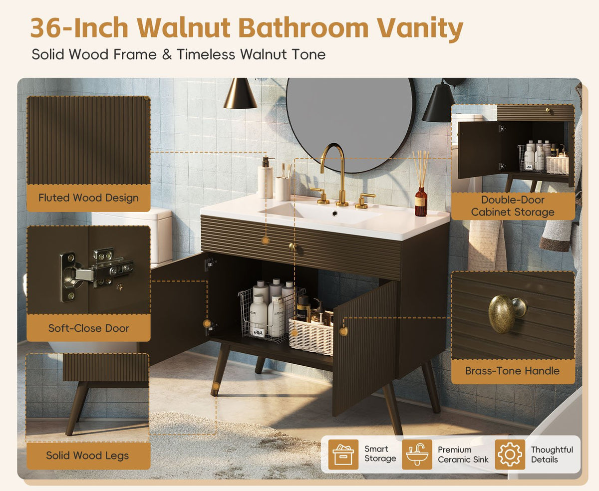 36inch Luxury Striped Bathroom Vanity, Soft-Close Dual-Door Storage & Premium Ceramic Sink, Dark Brown