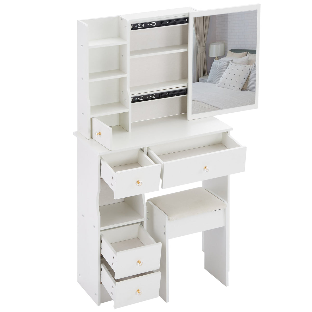 29.2" Small Space Left Drawer Desktop Vanity Table + Cushioned Stool, Extra Large Right sliding mirror, Multi Layer High Capacity Storage – Model W3258P299609