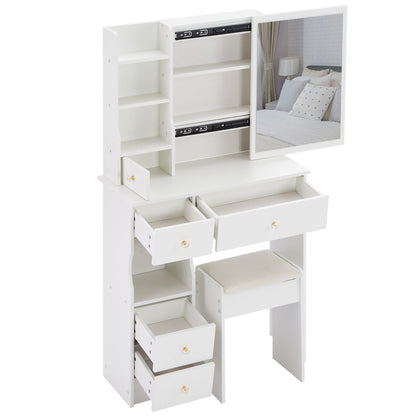 29.2" Small Space Left Drawer Desktop Vanity Table + Cushioned Stool, Extra Large Right sliding mirror, Multi Layer High Capacity Storage – Model W3258P299609