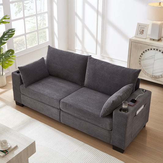 78'Corduroy Sofa, Modern Upholstered Sofa with USB, Cup Holders and Side Pocket, Modern Plush Deep Seat Sofa Couch, 3-Seater Sofa