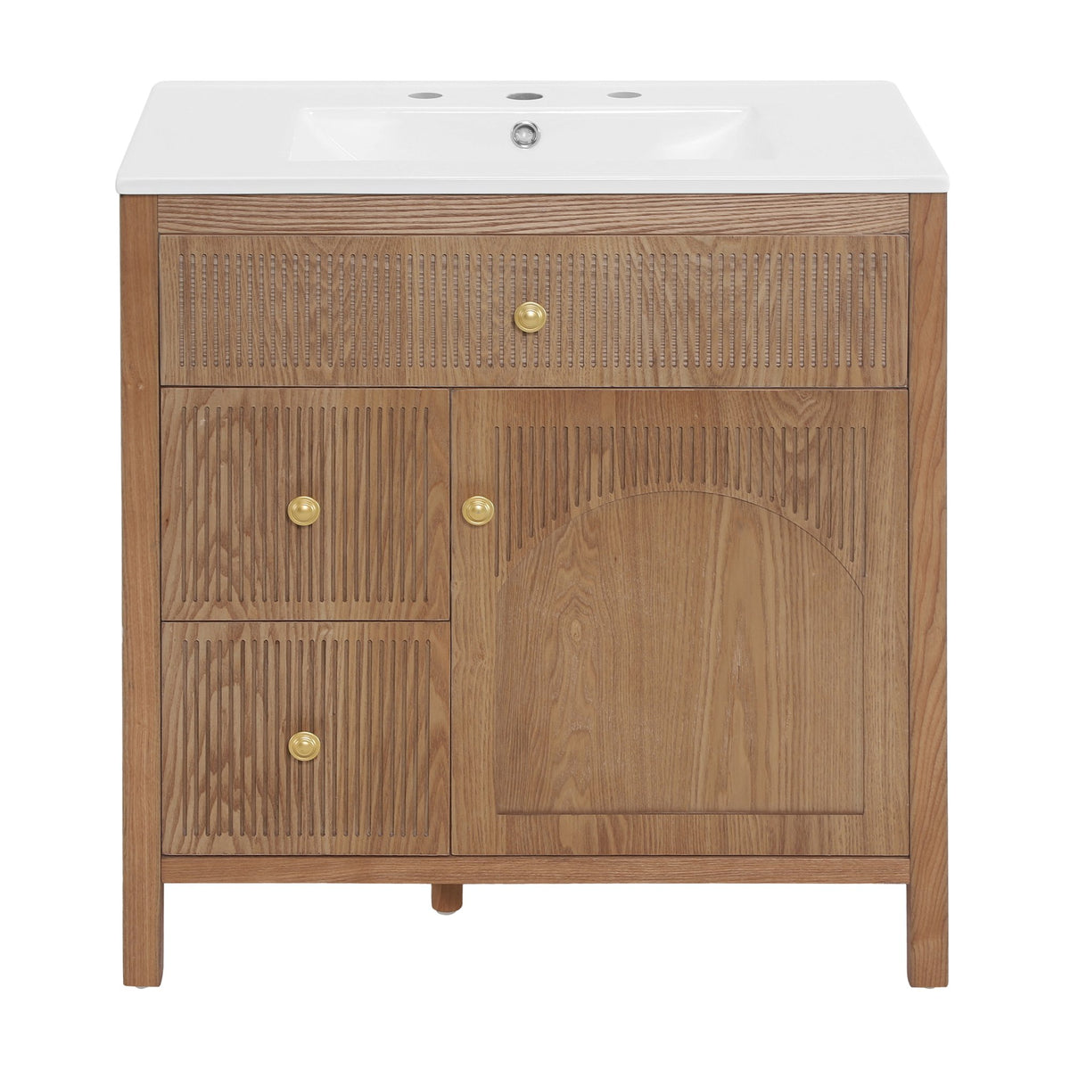 30 Inch Freestanding Farmhouse Bathroom Vanity with Integrated White Ceramic Sink Top, Smooth Finish Natural Acacia Wood Veneer Herringbone Chevron Cabinet, Soft Close Doors & Full Extension Drawer, B