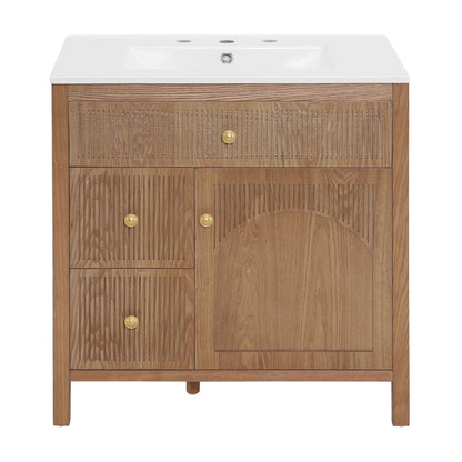 30 Inch Freestanding Farmhouse Bathroom Vanity with Integrated White Ceramic Sink Top, Smooth Finish Natural Acacia Wood Veneer Herringbone Chevron Cabinet, Soft Close Doors & Full Extension Drawer, B