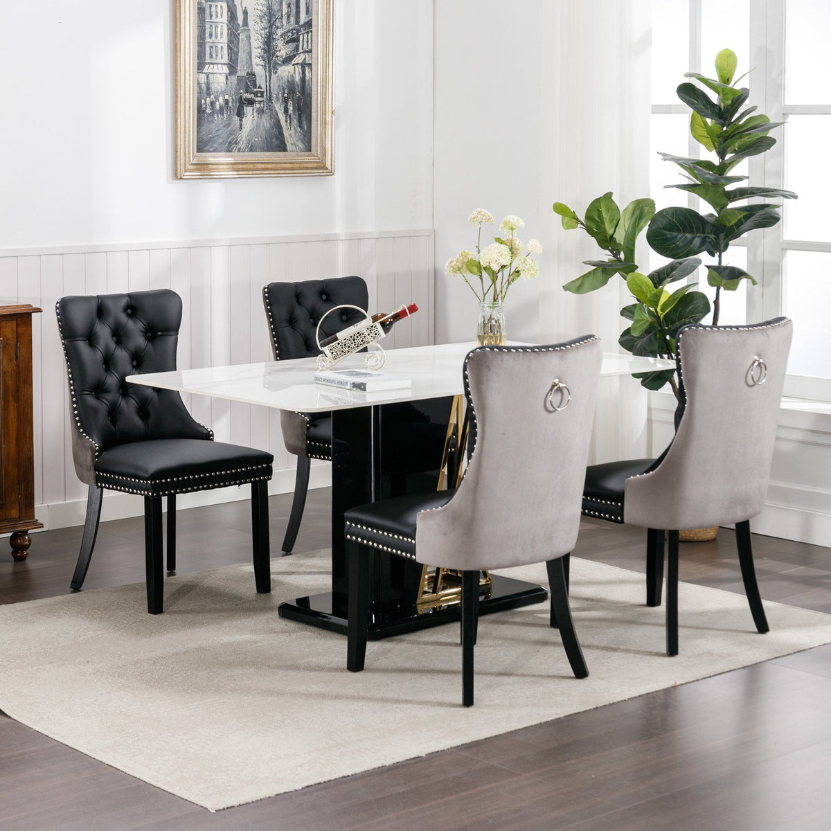 A&A Furniture, Nikki Collection Modern, High-end Tufted Solid Wood Contemporary PU and Velvet Upholstered Dining Chair with Wood Legs – Gray