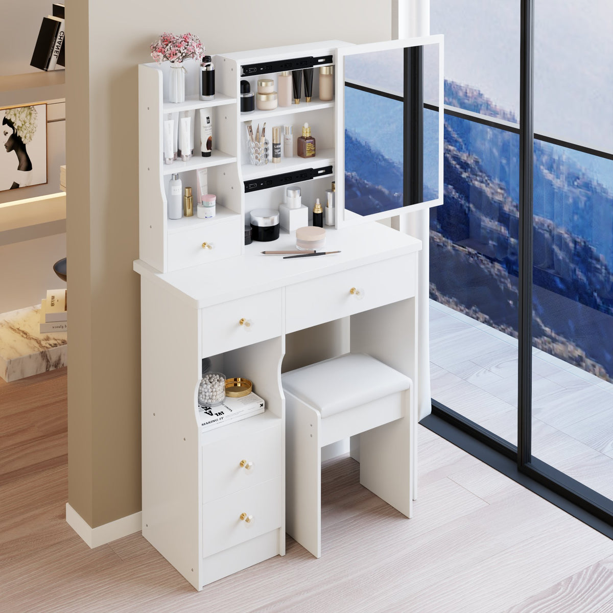 29.2" Small Space Left Drawer Desktop Vanity Table + Cushioned Stool, Extra Large Right sliding mirror, Multi Layer High Capacity Storage – Model W3258P299609
