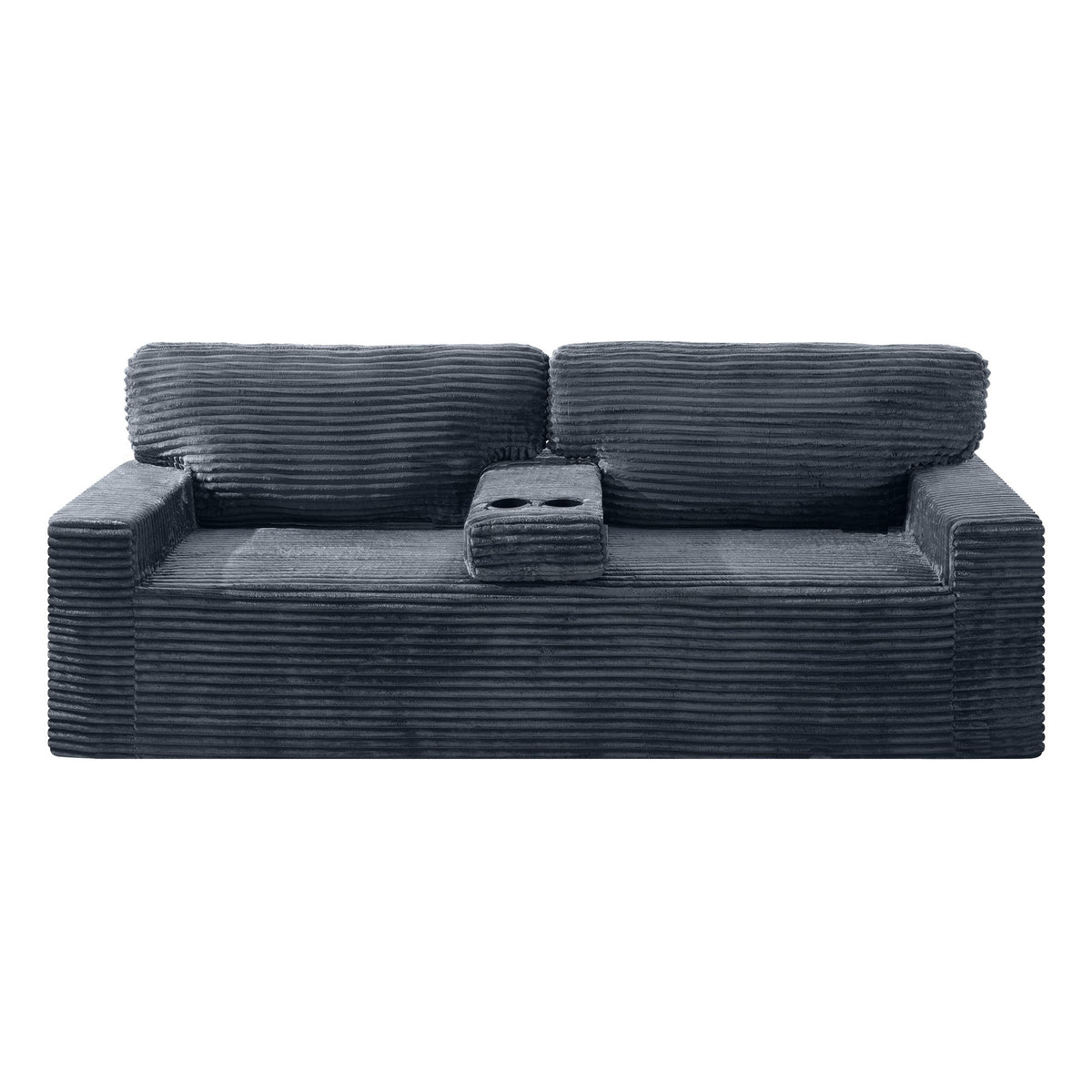 91.7" No-Leg Compression Sofa, Plush Corduroy  with Built-in Cup Holders and Side Storage Pocket for Living Room