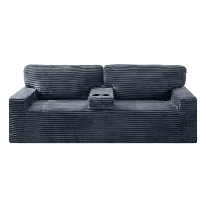91.7" No-Leg Compression Sofa, Plush Corduroy  with Built-in Cup Holders and Side Storage Pocket for Living Room