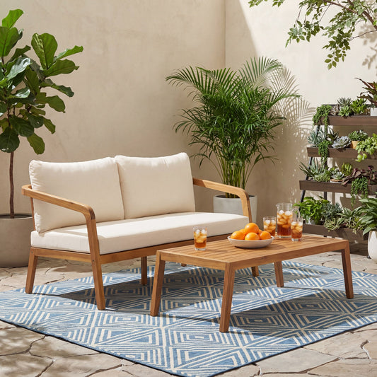 2-Piece Outdoor Loveseat & Coffee Table Set  Acacia Wood Frame with PE Wicker Back & Water-Resistant Cushions