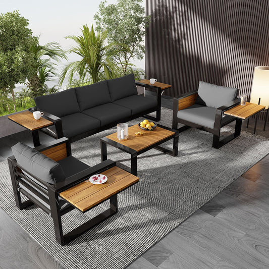 Aluminum Frame Large 4-Piece Outdoor Patio Furniture Set for 5 Person, 3-Seater Sofa, 2 Armchairs with Fold-Out Side Tables