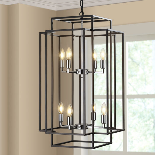 18" Modern 8-Light Black & Chrome Geometric Pendant Chandelier, Industrial Metal Frame, Adjustable Hanging Light, Kitchen (No Bulbs)