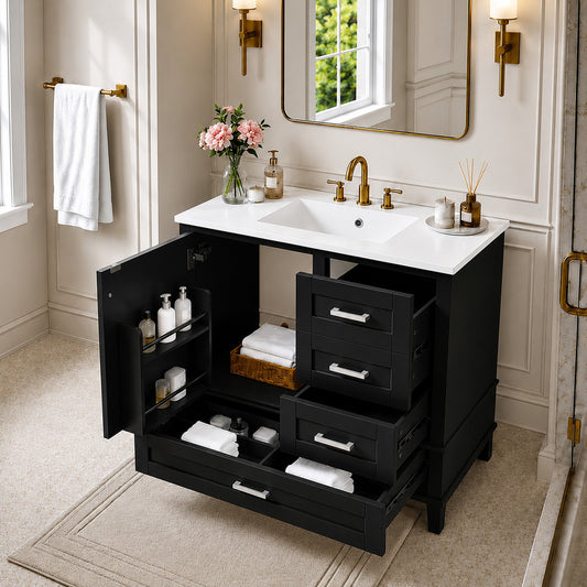 36"  Black bathroom Vanity, Modern Bathroom Cabinet with Sink Combo Set, Bathroom Storage Cabinet with 1 Soft-Closing Door and 3 Soft-Closing Drawers, Solid Wood Frame (old SKU:N729P211167B)