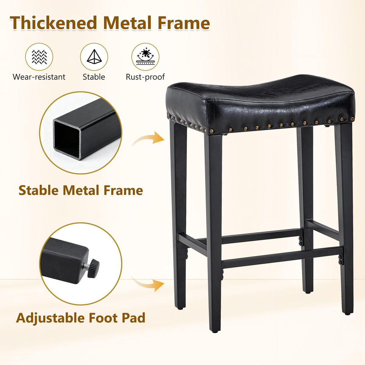 2-piece bar stool, 25.6 inches high, no back design, with 4-inch thick padded seat, equipped with brass nailhead decoration, leather material, 1.6-inch heavy-duty carbon steel legs, black color