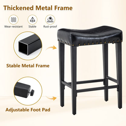 2-piece bar stool, 25.6 inches high, no back design, with 4-inch thick padded seat, equipped with brass nailhead decoration, leather material, 1.6-inch heavy-duty carbon steel legs, black color