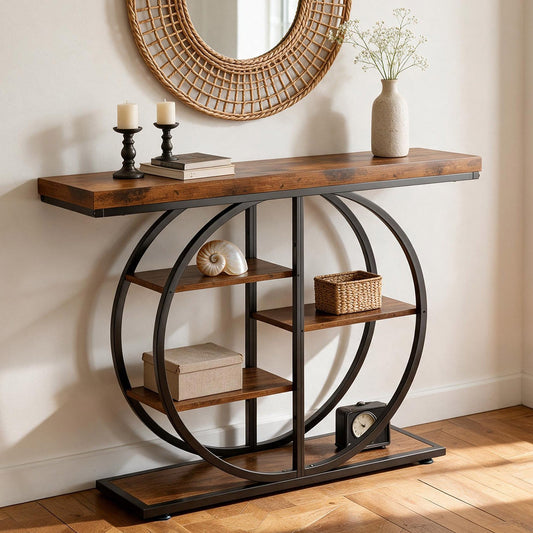 41.3 Inch Industrial Console Table, Narrow Sofa Table with Storage Shelves & Circle Base, Rustic Brown Accent Furniture, Foyer, Entrance