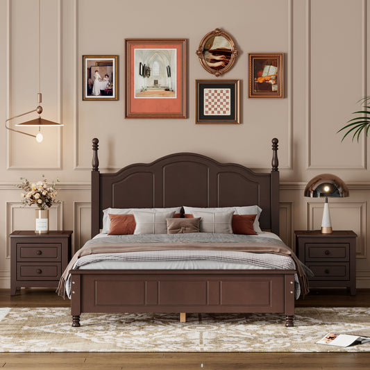 3-Pieces Bedroom Sets, Full Size Wood Platform Bed and Two Nightstands-Dark Walnut