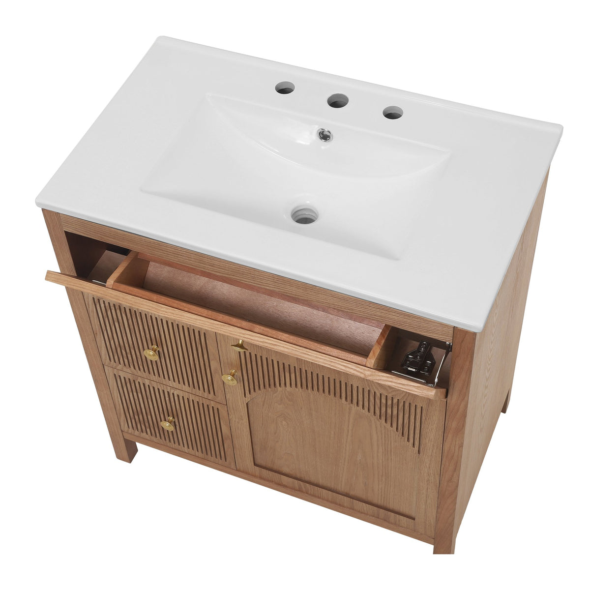 30 Inch Freestanding Farmhouse Bathroom Vanity with Integrated White Ceramic Sink Top, Smooth Finish Natural Acacia Wood Veneer Herringbone Chevron Cabinet, Soft Close Doors & Full Extension Drawer, B