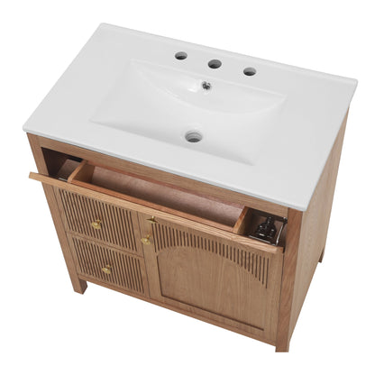 30 Inch Freestanding Farmhouse Bathroom Vanity with Integrated White Ceramic Sink Top, Smooth Finish Natural Acacia Wood Veneer Herringbone Chevron Cabinet, Soft Close Doors & Full Extension Drawer, B