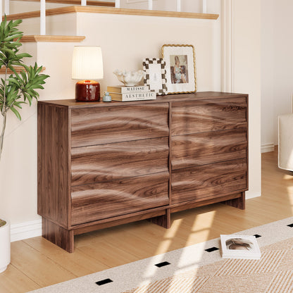 59.1" Buffet Sideboard with 6 Drawers, Walnut Finish with Wave Grain Texture, Farmhouse Storage Cabinet for Dining Room Living Room Hallway, Large Space Accent Furniture, Easy Assembly