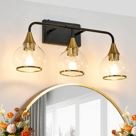 23" Modern 3-Light Vanity Wall Sconce - Black and Gold Bathroom Light Fixture with Clear Glass Shades