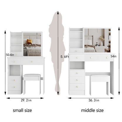 29.2" Small Space Left Drawer Desktop Vanity Table + Cushioned Stool, Extra Large Right sliding mirror, Multi Layer High Capacity Storage – Model W3258P299609