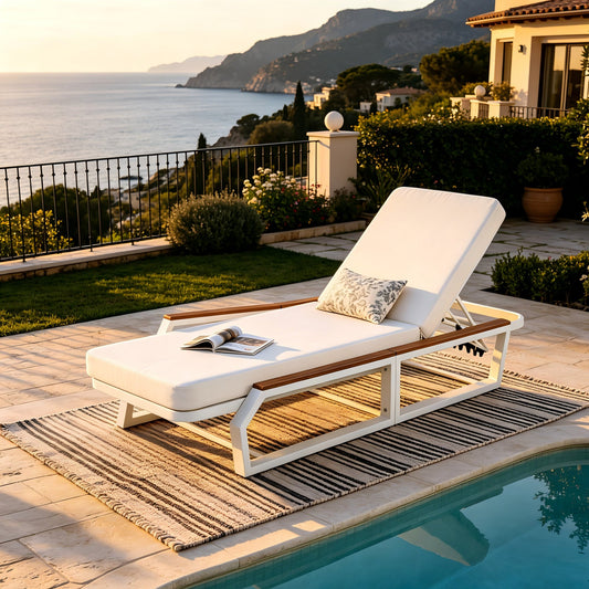 Adjustable 5-Position Outdoor Chaise Lounge with Cream Cushion, Patio Reclining Lounger with Teak Wood Armrests, White Iron Frame, for Poolside Backyard