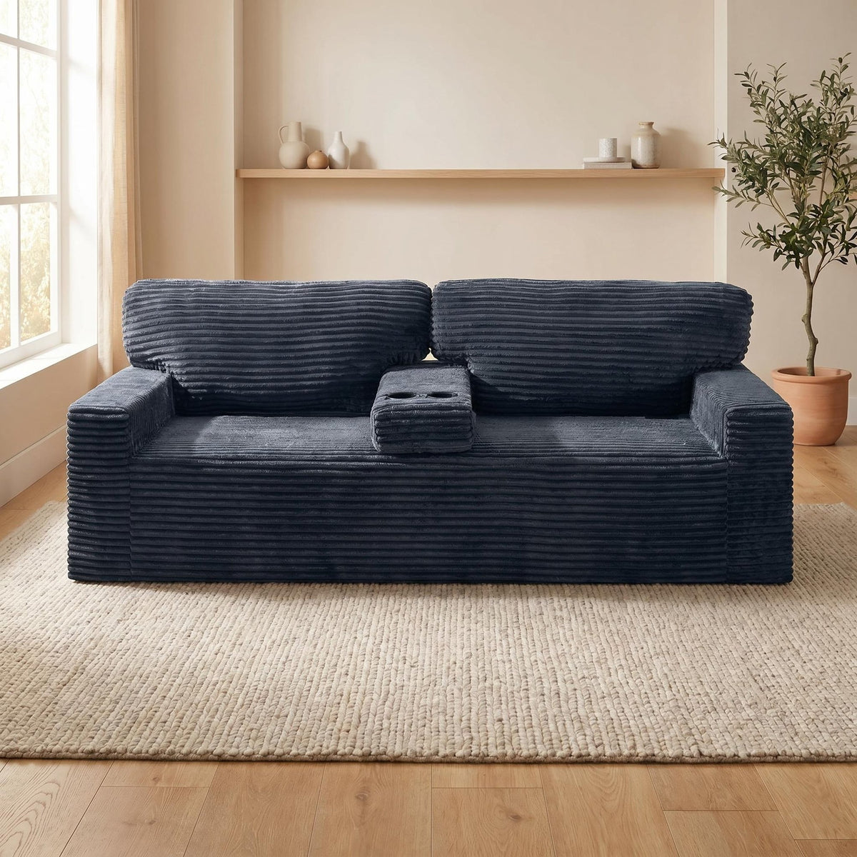 91.7" No-Leg Compression Sofa, Plush Corduroy  with Built-in Cup Holders and Side Storage Pocket for Living Room