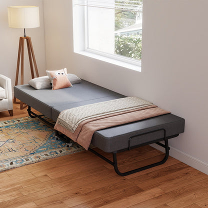 75" Folding Bed with Memory Foam Mattress, 4 Lockable Wheels Portable & Space Saving, Reinforced Steel Frame Quietly Supports 450 lbs, Folds Upright – Essential for Small Apartments & Guest Rooms