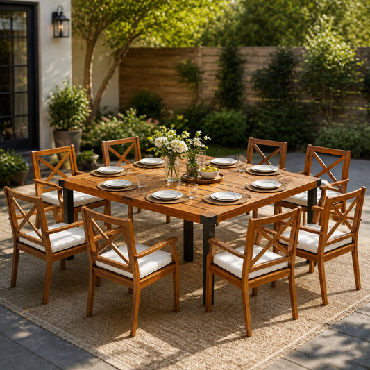 9‑Piece Acacia Wood Outdoor Patio Dining Set, 64" Square Teak Finish Wooden Table with X‑Back Arm Chairs and Cream Cushions, Patio Furniture for Backyard Garden Deck