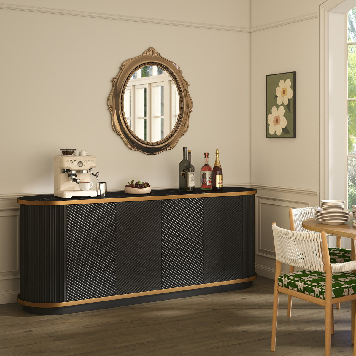 63" Diagonal Fluted Sideboard Cabinet with Storage, 4-Door Buffet Credenza TV Stand with Gold Trim, Black Faux Marble-Top Console Table, Modern Storage Cabinet for Dining Room, Living Room, Black