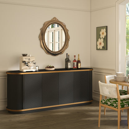 63" Diagonal Fluted Sideboard Cabinet with Storage, 4-Door Buffet Credenza TV Stand with Gold Trim, Black Faux Marble-Top Console Table, Modern Storage Cabinet for Dining Room, Living Room, Black