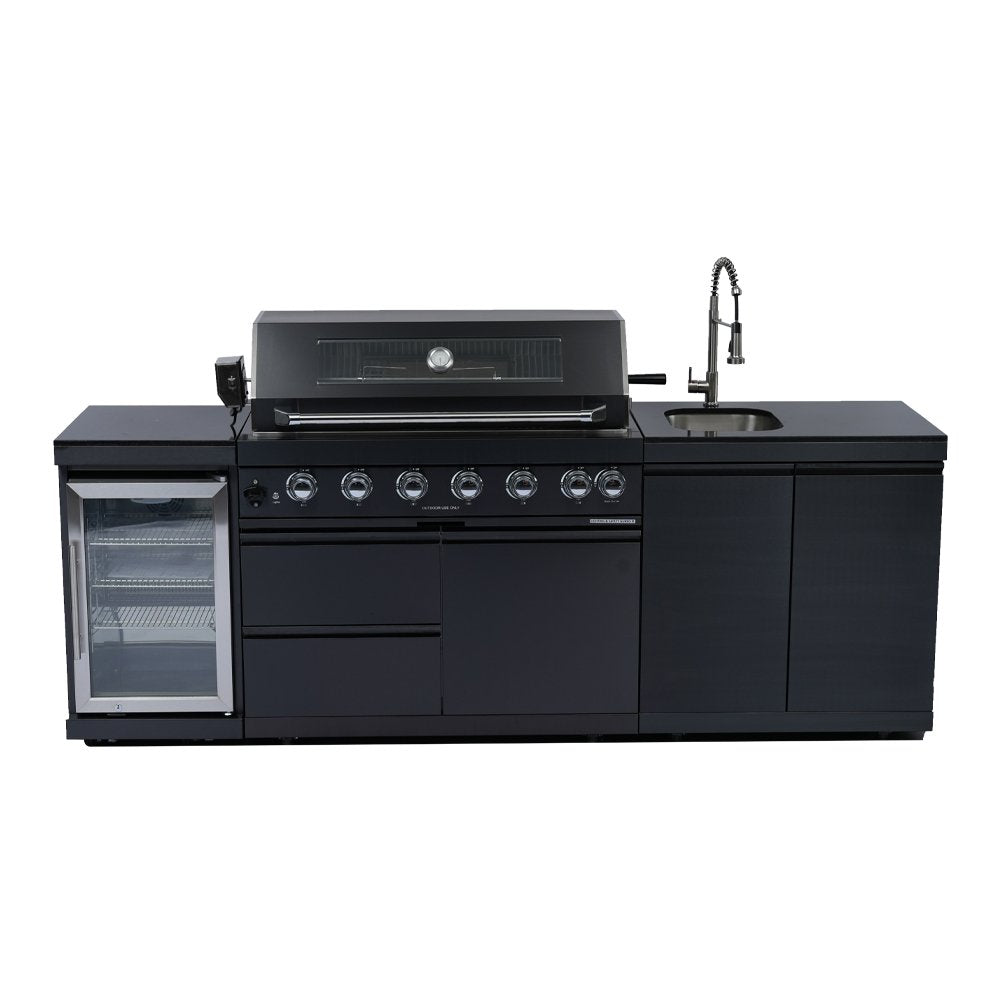 43-Inch 6-Burner 85000 BTU Deluxe Stainless Steel Gas Outdoor Kitchen Bar Barbecue Island Grill + Wine Cooler Compact Refrigerator + Rotisserie kit + Granite Countertops + Stainless steel Sink