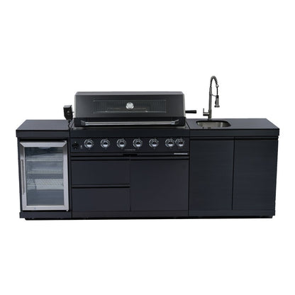 43-Inch 6-Burner 85000 BTU Deluxe Stainless Steel Gas Outdoor Kitchen Bar Barbecue Island Grill + Wine Cooler Compact Refrigerator + Rotisserie kit + Granite Countertops + Stainless steel Sink