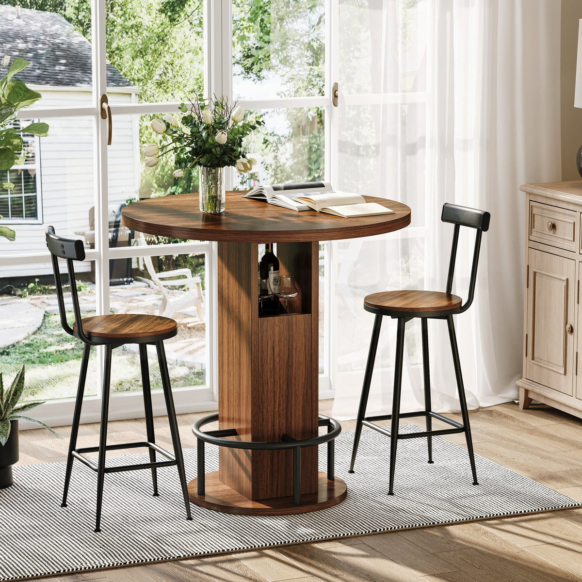 3-Piece Bar Table and Stool Set 31.5-inch round bar table with two stools Compact wooden dining bar with metal ring footrest Ideal, cafes – Walnut