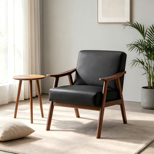 Accent Chair with Microfiber Upholstery and Solid Wood Frame, Classic Mid-Century Modern Living Room Furniture for Extra Seating, Black PU/PVC