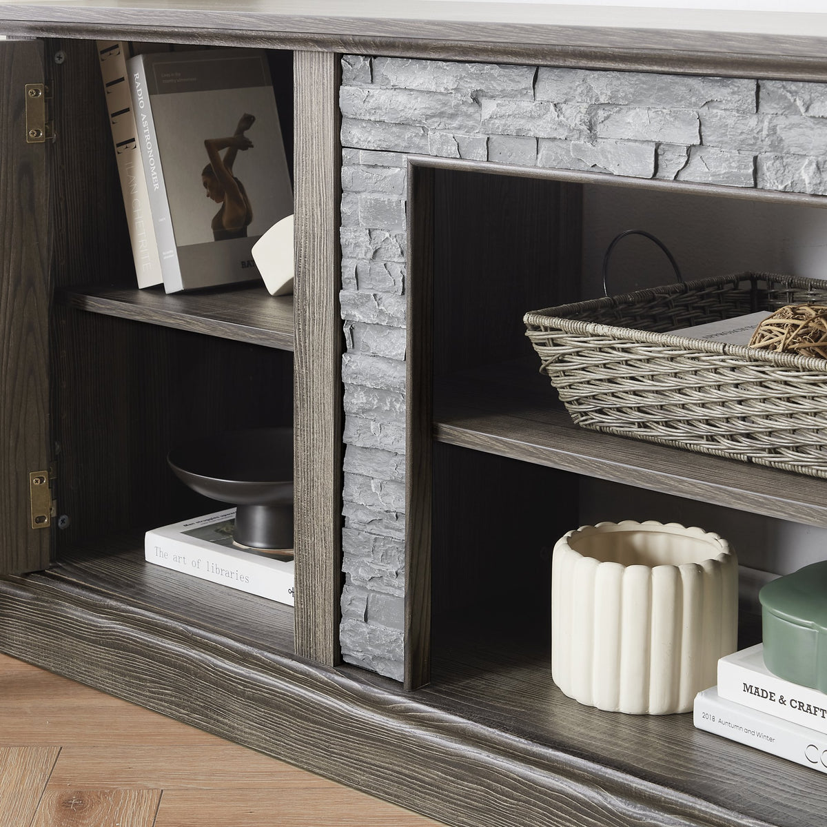 70" Modern TV Stand with 2-Door Storage, Faux Stone Media Console Cabinet, Grey Large Entertainment Center