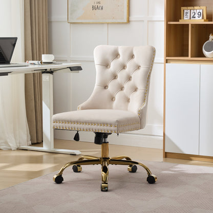 A&A Furniture Office Chair, Modern Velvet Upholstered Tufted Button Home Office Chair with Golden Metal Base - Beige