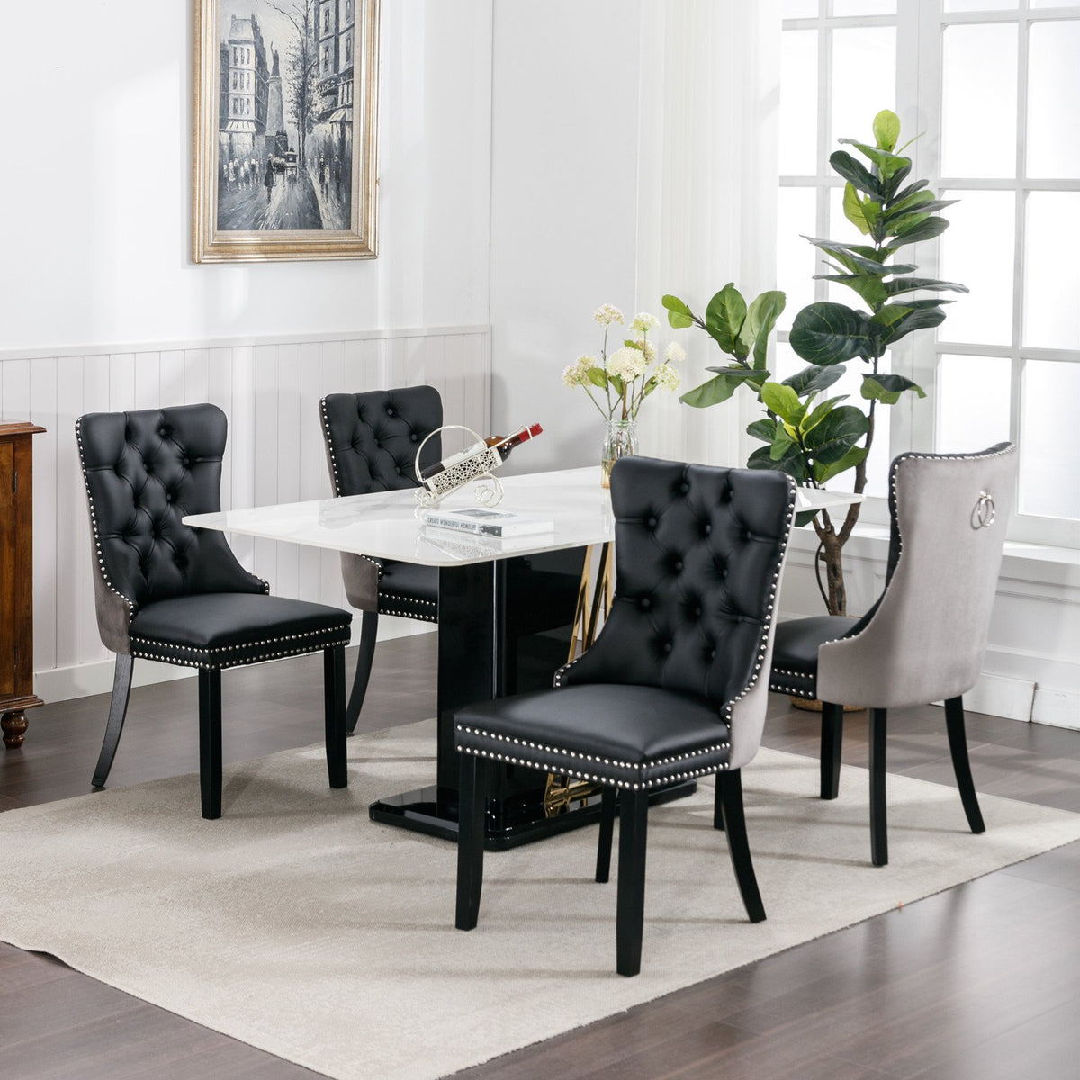 A&A Furniture, Nikki Collection Modern, High-end Tufted Solid Wood Contemporary PU and Velvet Upholstered Dining Chair with Wood Legs – Gray