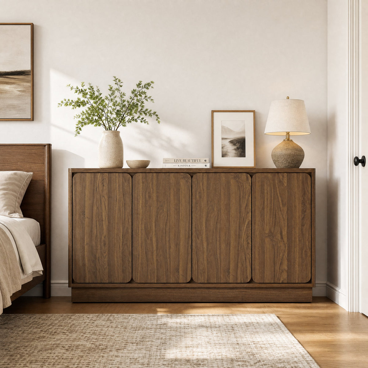 59.1 Inch Walnut 4-Door Sideboard Buffet Cabinet, Particle Board Storage Credenza with Adjustable Shelves, Wide Console Storage Cupboard for Dining Room, Kitchen, Living Room & Entryway
