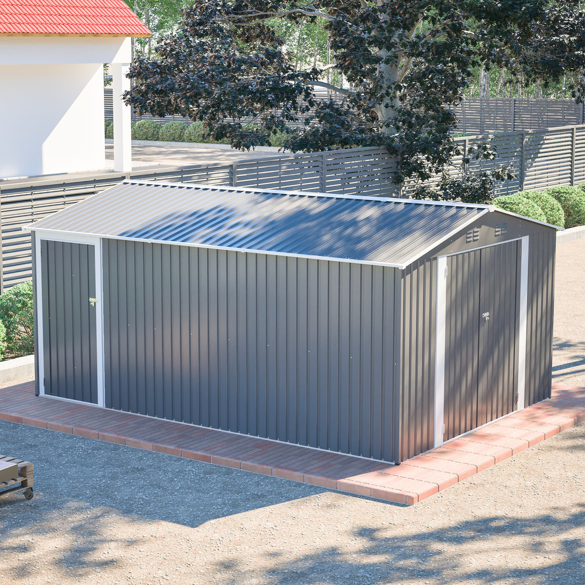10x14 FT Outdoor Metal Storage Shed, Large Garden Shed Tool Shed with 3 Lockable Doors & Side Door