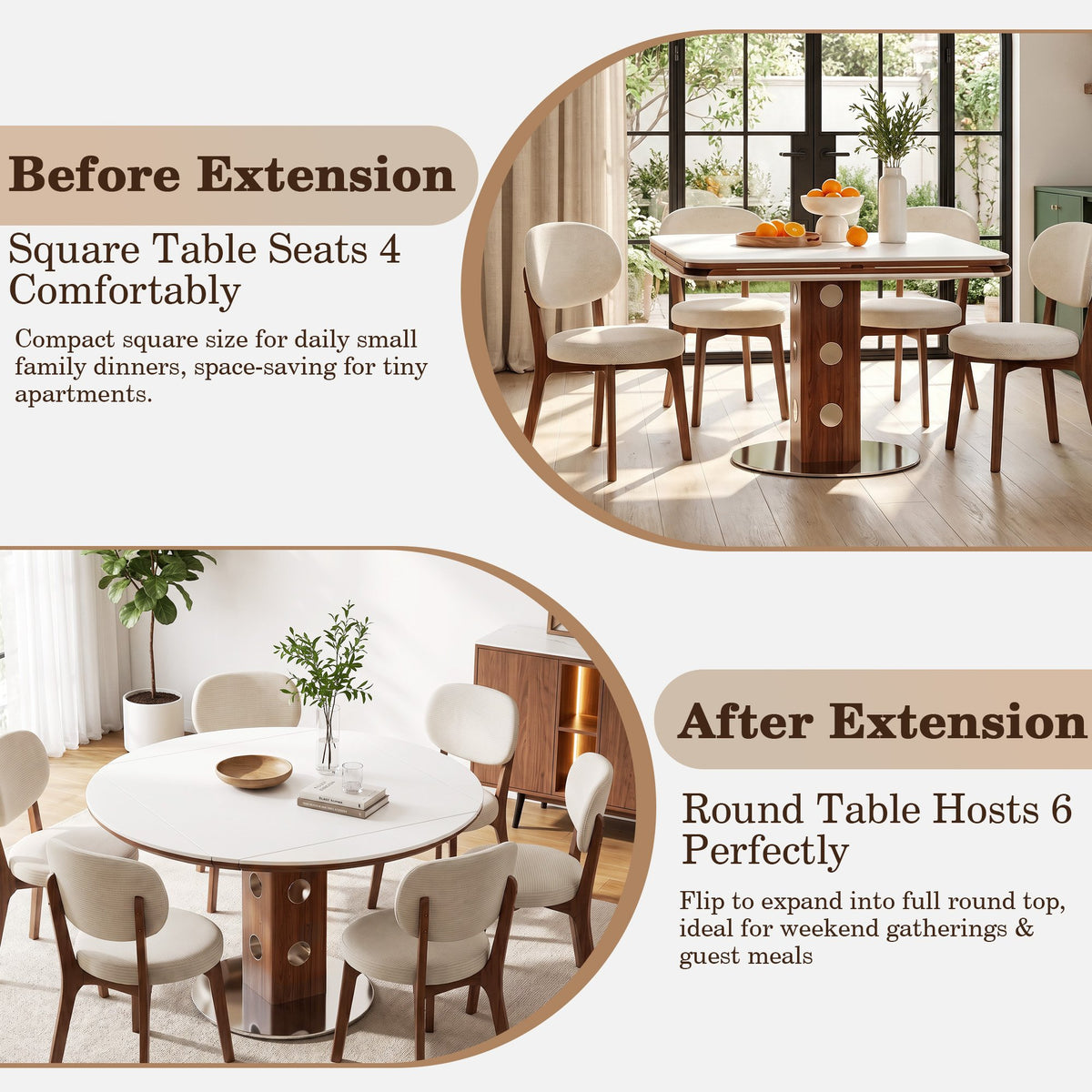 47.2' Extendable Multifunctional Round Dining Table for 4-6, Folding Kitchen Table with Drop Leaf, White Sintered Stone Top & Walnut Wood Column, Space-Saving for Small Apartments, Easy Assembly